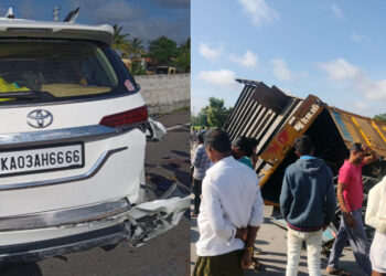 ಕಾರು, ಲಾರಿ ಮಧ್ಯೆ ಭೀಕರ ಅಪಘಾತ; ನಾಲ್ವರು ಬಲಿ