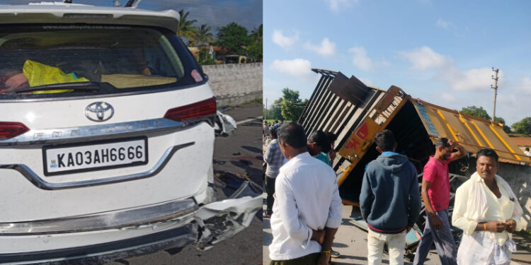 ಕಾರು, ಲಾರಿ ಮಧ್ಯೆ ಭೀಕರ ಅಪಘಾತ; ನಾಲ್ವರು ಬಲಿ