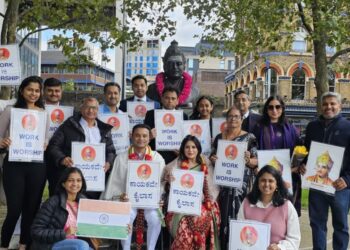 ಲಂಡನ್‌ನಲ್ಲಿನ ಬಸವೇಶ್ವರ ಪುತ್ಥಳಿಗೆ ನಮಸ್ಕರಿಸಿದ ಮಳೆ ಹುಡುಗಿ ಪೂಜಾ ಗಾಂಧಿ