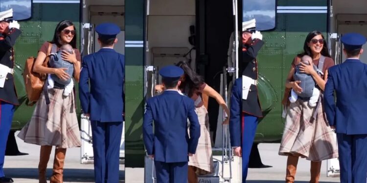 Viral Video: Usha Vance, wife of the US Vice President, narrowly escapes a fall while disembarking from a helicopter
