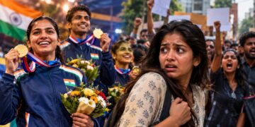 A terrified woman amidst the celebration of medals